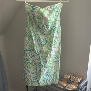 Lily Pulitzer Strapless White Dress with Green and Teal Fish Print